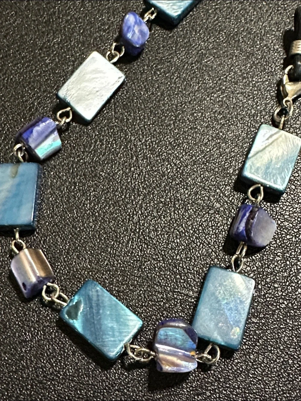 Rectangular Blue Shell & Purple Shell Chip Linked Eye Glass Holder Necklace